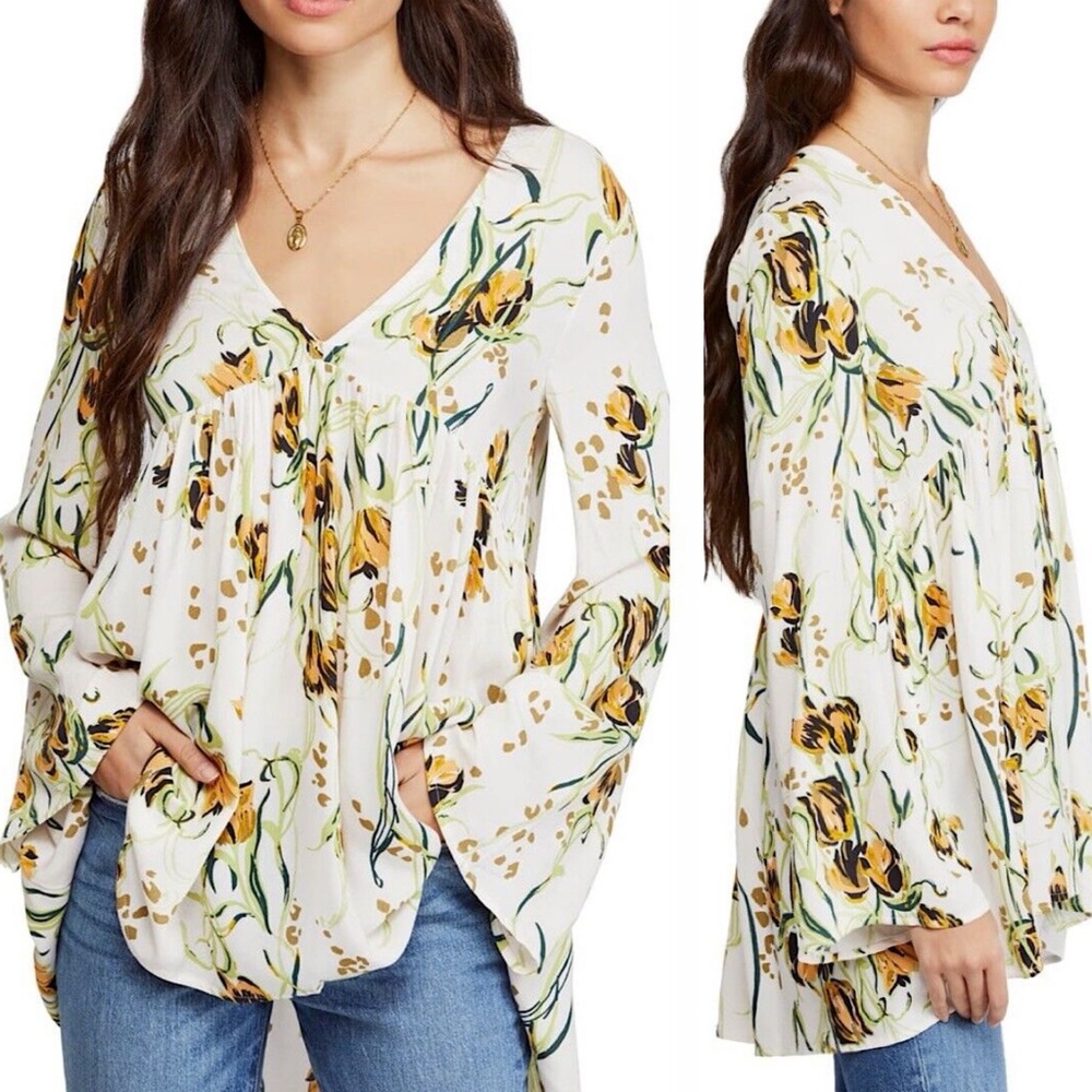 Free People Bella Floral Print Tunic Top in White Yellow